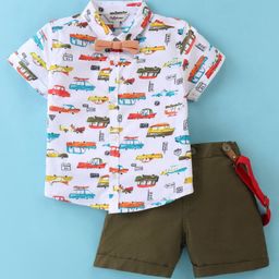 ToffyHouse 100% Cotton Woven Half Sleeves  Car Printed Shirt & Shorts Set with Bow & Suspender - Olive Green & White-picture-40