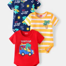Babyhug 100% Cotton Knit Half Sleeves Dino Printed OnesiesPack of 3 - Red Yellow & Navy-image-5