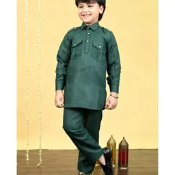 BT DEZINES Cotton Blend Full Sleeves Solid Pathani Kurta & Pant Set - Dark Green-picture-10