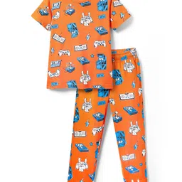 Pine Kids Single Jersey Knit Half Sleeves Co-ords Night Suit With Game Print - Orange-picture-20