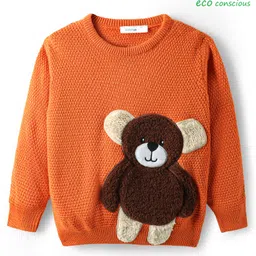 Babyoye Cotton Knit Full Sleeves Pullover with Bear Embroidery - Rust Orange-picture-29