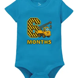 Zeezeezoo 100% Cotton Knit Monthly Birthday Construction Theme Half Sleeves 6 Months Text Printed Onesie - Blue-picture-11