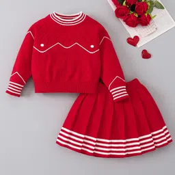 Mark & Mia Viscose Full Sleeves Pullover Sweater & Skirt Set - Red-picture-14
