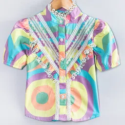 Hugsntugs Cotton Woven Half Puffed Sleeves Abstract Printed Lace Detailed Shirt Style Top - Multi Colour-picture-13