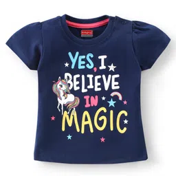 Babyhug Cotton Knit Half Sleeves Night Suit with Text & Star Print - Navy & Pink image 2