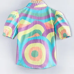 Hugsntugs Cotton Woven Half Puffed Sleeves Abstract Printed Lace Detailed Shirt Style Top - Multi Colour image 3