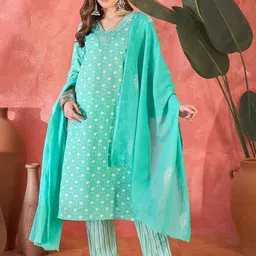 Vastramyaa Women Floral Printed Mirror Work Pure Cotton Kurta with Trousers & With Dupatta-picture-21