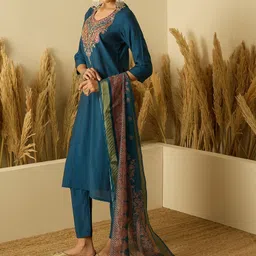 Anouk Women Embroidered Regular Chanderi Silk Straight Kurta with Trousers & Dupatta-picture-33