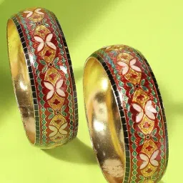 Oomph Jewellery Red & Green Meenakari Floral Design Brass Bangles - Set of 2-image-57