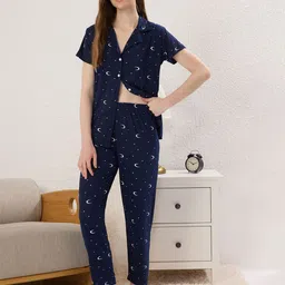 Trendyol Women Printed Shirt Collar Night Suit image 1