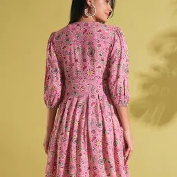 Globus Women Pink V-Neck Puff Sleeves Paisley Print Lace Insert Pleated A-Line Fusion Dress image 2