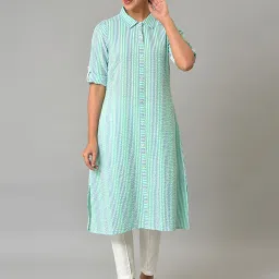 Aurelia Women Green Geometric Print Cotton Blend Kurta image 1