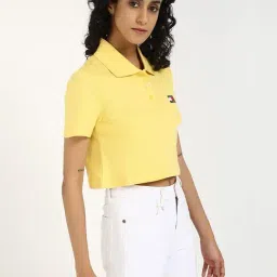 TOMMY HILFIGER Yellow Cotton Solid Short Sleeve Polo T-Shirt image 4