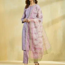 Fabindia White & Purple Cotton Silk Dupatta image 2