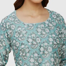 Fabindia Aqua Blue Floral Print Straight Kurta image 5