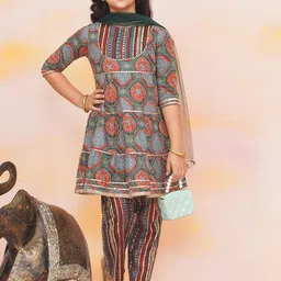 KID1 Girls Geometric Printed Pure Cotton A-Line Kurti With Churidar And Dupatta-picture-14