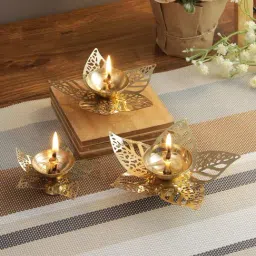 Aapno Rajasthan Gold Metal Leaf Design Diyas - Set of 3-picture-12