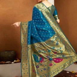 Satrani Blue Silk Woven Saree With Unstitched Blouse image 2