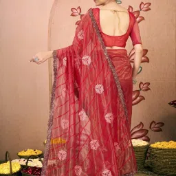 Satrani Red Net Embroidered Saree With Unstitched Blouse image 2