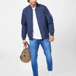 Spykar Navy Puffer Jacket With Sleeve & Zipper Pocket Printed Detail image 5