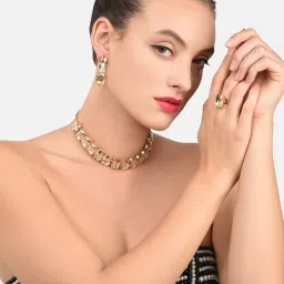 Zaveri Pearls Clear Alloy Necklace, Earring & Ring Set image 5