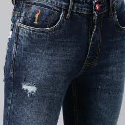 CINOCCI Blue Cotton Slim Fit Distressed Jeans image 5