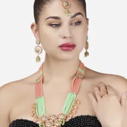 Zaveri Pearls Green Peach Meenakari Kundan Necklace Earring Maangtikka & Ring Set-ZPFK13188 image 5