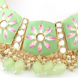 Zaveri Pearls Green & Pink Meenakari Kundan Necklace, Earring, Maangtikka & Ring Set-ZPFK12131 image 5