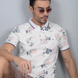 Crimsoune Club White Cotton Blend Slim Floral Polo T-Shirt-image-56