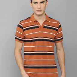 Louis Philippe Sport Orange Cotton Slim Fit Striped Polo T-Shirt-picture-39
