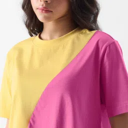 The Souled Store Yellow & Pink Cotton Color-Block T-Shirt image 5