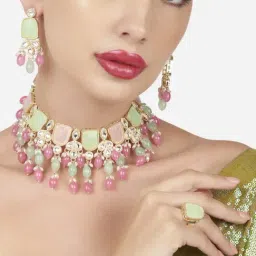 Zaveri Pearls Pink Green Stones Beads Kundan Choker Necklace Earring & Ring Set-ZPFK16119-picture-13