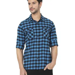 Mufti Blue & Black Cotton Slim Fit Checks Shirt image 1