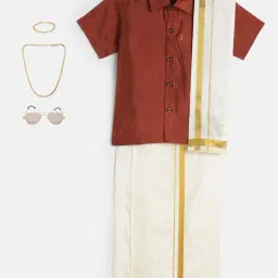 THANGAMAGAN Kids Rust & Cream SolidShirt,Dhoti,Towel WithFreebies Set-picture-27
