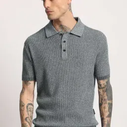 The Bear House Blue Cotton Regular Fit Self Pattern Polo T-Shirt-picture-39