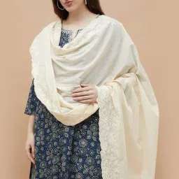 Melange By Lifestyle Off White Cotton Embroidered Dupatta image 2