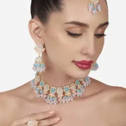 Zaveri Pearls Turquoise Blue Pink Stones Beads Choker Necklace Earring Maangtikka Ring Set-ZPFK16166-picture-31