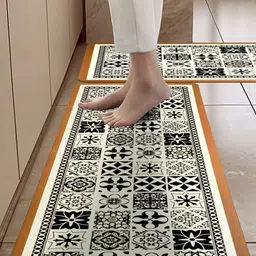 Cortina Cream & Black Ethnic Motifs Printed L-Shaped Waterproof Kitchen Floor Mat-image-44