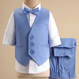 Robo Fry Cotton Woven Full Sleeves Party Suit with Bow & Waist Coat Solid Colour - Blue-picture-15