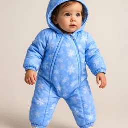 Babyhug Woven Full Sleeves Winter Wear Hooded Romper with Snowflake Print -  Blue-image-53
