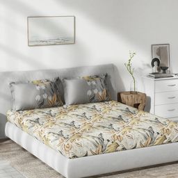 d'decor DDecor Yellow Grey Floral 144 TC Cotton Queen Bedsheet With 2 Pillow Covers-picture-25