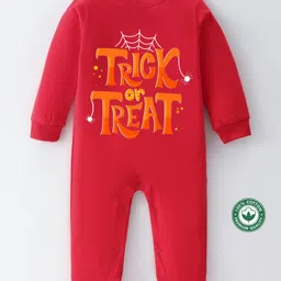 BLUSHES 100% Cotton Halloween Theme Full Sleeves Trick Or Treat Text Printed Romper - Red-picture-16