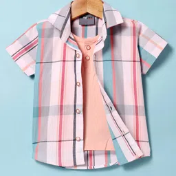 Dapper Dudes Half Sleeves Checked Shirt With Attached Tee - Peach-image-95
