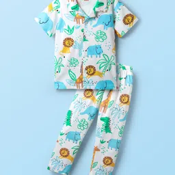 Babyhug Cotton Knit Half Sleeves Night Suit With Animal Print - White-picture-24