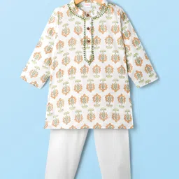 Babyhug Cotton Cambric Woven Full Sleeves Kurta Pyjama Set with Floral Print - White-picture-31