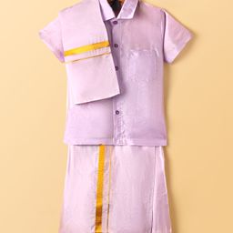 Dapper Dudes Cotton Silk Woven Half Sleeves Solid Shirt & Mundu With Angavastram Set - Purple-picture-19