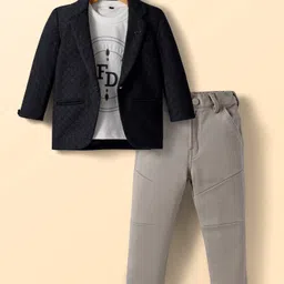 Dapper Dudes Full Sleeves Textured Blazer With Typography Printed Tee & Pant Set - Black-image-99