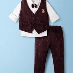 Mini Taurus Sinker Knit Full Sleeves Three Piece Party Suit Set with Attached Bow & Teddy Embroidery - Brown-picture-32