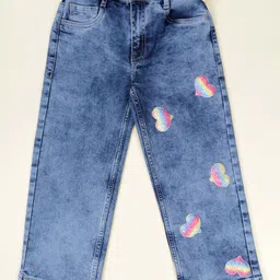 Kiddopanti Denim Woven Rainbow Hearts Patch Detailed Mild Washed Jeans - Light Blue-image-80