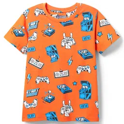 Pine Kids Single Jersey Knit Half Sleeves Co-ords Night Suit With Game Print - Orange image 2